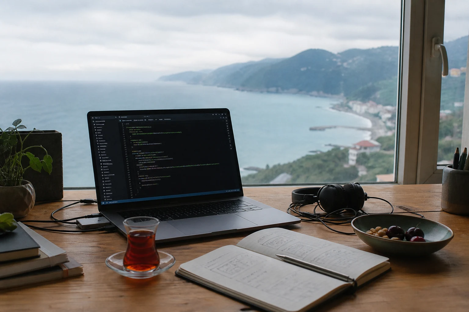 Karadeniz manzaralı yazılım çalışma masası